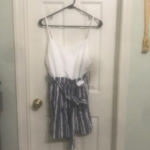 Shorts jumpsuit,blue and white stripped bottom